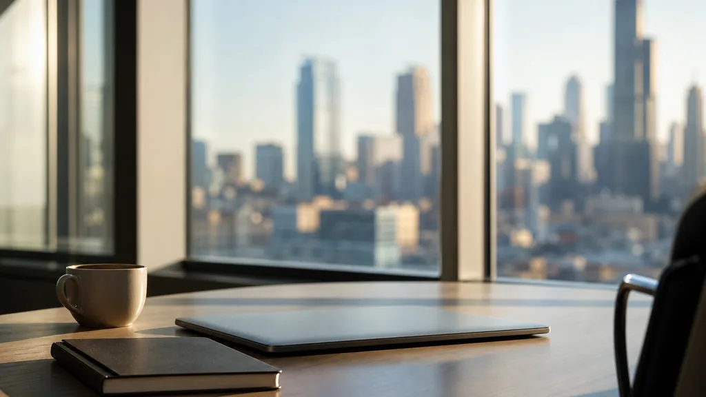 Editorial photograph of an empty modern office desk beside a tall window with a blurred Chicago skyline, a closed laptop, a notebook and a coffee cup in warm morning light