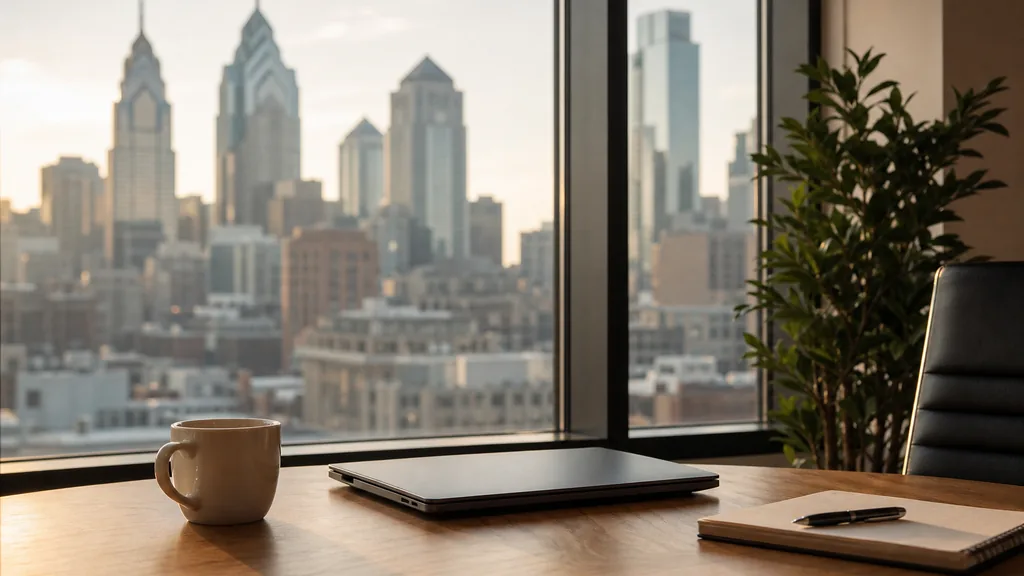 Editorial photograph of an empty modern office desk beside a tall window with a blurred Philadelphia skyline, a closed laptop, a notebook and a coffee cup in warm morning light