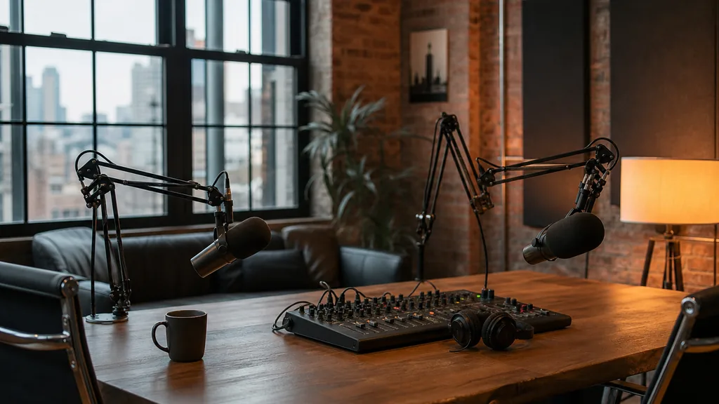 Editorial photograph of a professional podcast studio in a New York loft with two microphones on boom arms, acoustic panels, a mixing desk and warm lamp light beside tall industrial windows