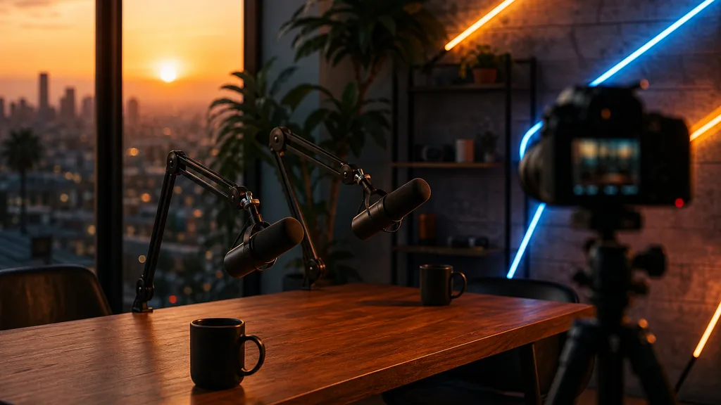 Editorial photograph of a cinematic video podcast studio in Los Angeles with two microphones, a camera on a tripod, warm sunset light through a window and neon accent lighting on a textured wall