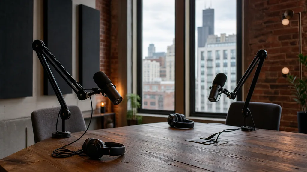 Editorial photograph of a podcast recording studio in a Chicago brick loft with two microphones on boom arms, acoustic panels, headphones on the table and cool daylight through a tall window