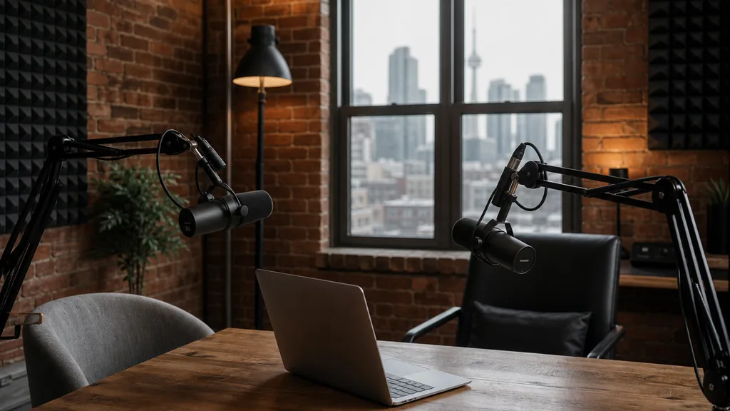 Editorial photograph of a podcast studio in a Toronto brick-and-beam building with two microphones on boom arms, acoustic treatment, a laptop and soft grey daylight through a large window
