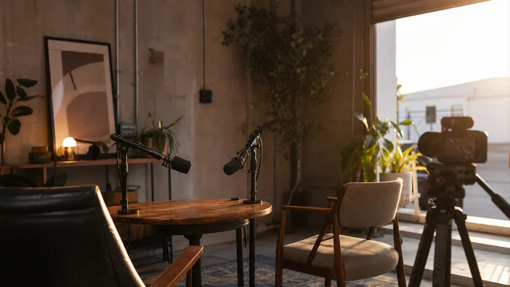 Editorial photograph of a video podcast studio in an Austin warehouse space with two microphones, a camera on a tripod, warm golden hour light through a roll-up door and plants in the corner