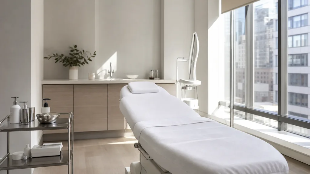 Photorealistic editorial photograph of an empty modern medical spa treatment room in New York with a clean white treatment bed, a small stainless trolley and a tall window with city light, soft morning daylight, no people, no text, no signage