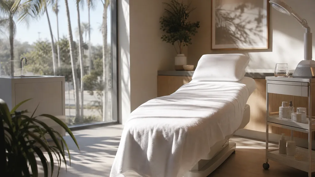 Photorealistic editorial photograph of an empty bright modern medical spa treatment room in Los Angeles with a white treatment bed, a small trolley and palm shadows falling through a large window, warm daylight, no people, no text, no signage