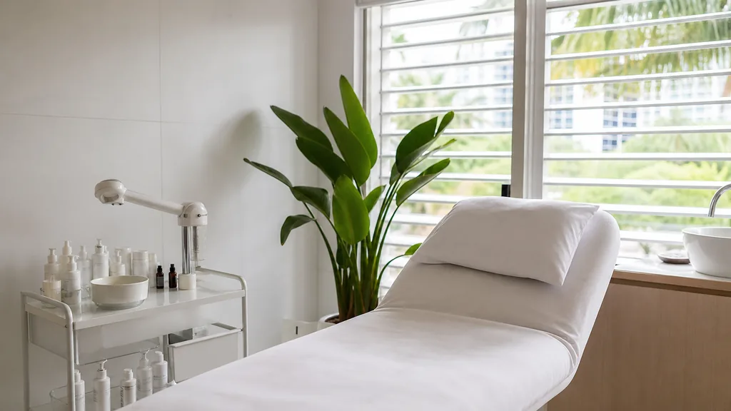 Photorealistic editorial photograph of an empty modern medical spa treatment room in Miami with a white treatment bed, a small trolley, a green tropical plant and bright light through louvered windows, soft daylight, no people, no text, no signage