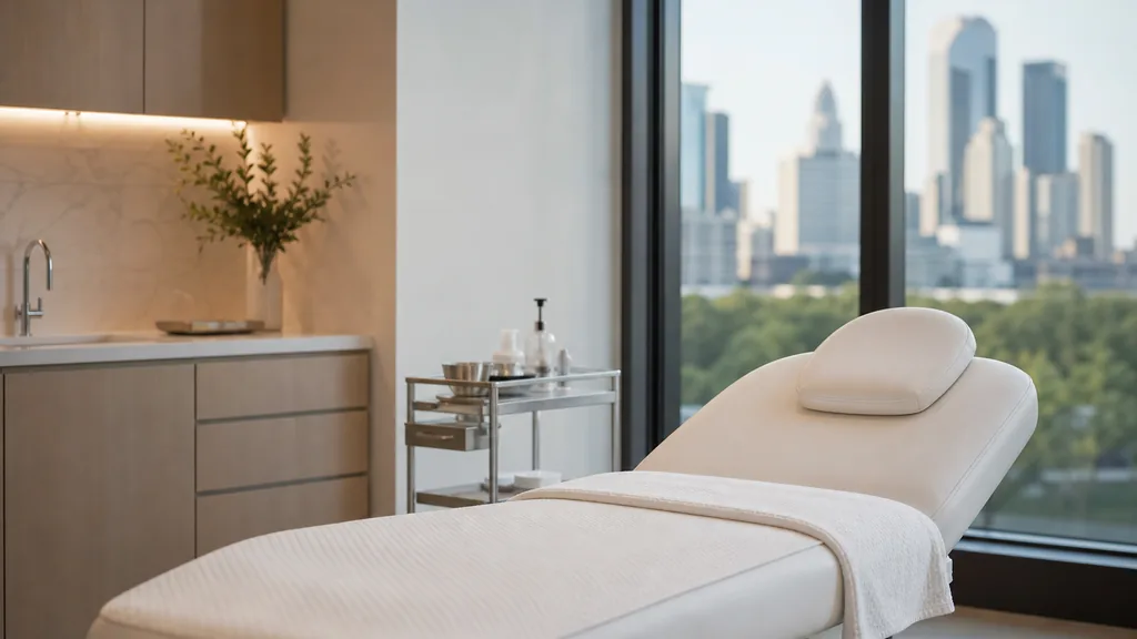 Photorealistic editorial photograph of an empty modern medical spa treatment room in Dallas with a white treatment bed, a small stainless trolley and warm light through a tall window, soft daylight, no people, no text, no signage