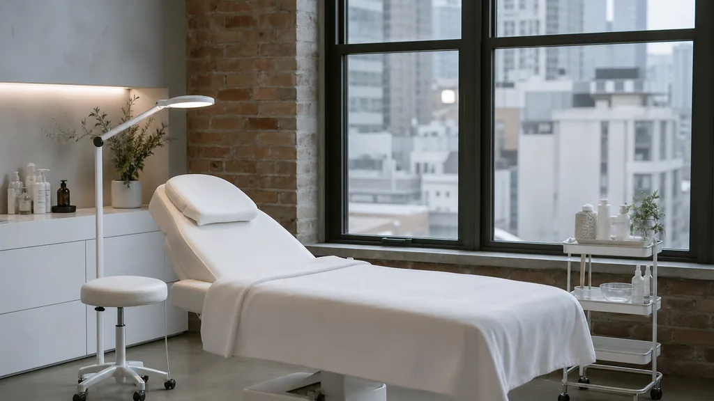 Photorealistic editorial photograph of an empty modern medical spa treatment room in Chicago with a white treatment bed, a small trolley and cool light through a large loft window, soft grey daylight, no people, no text, no signage
