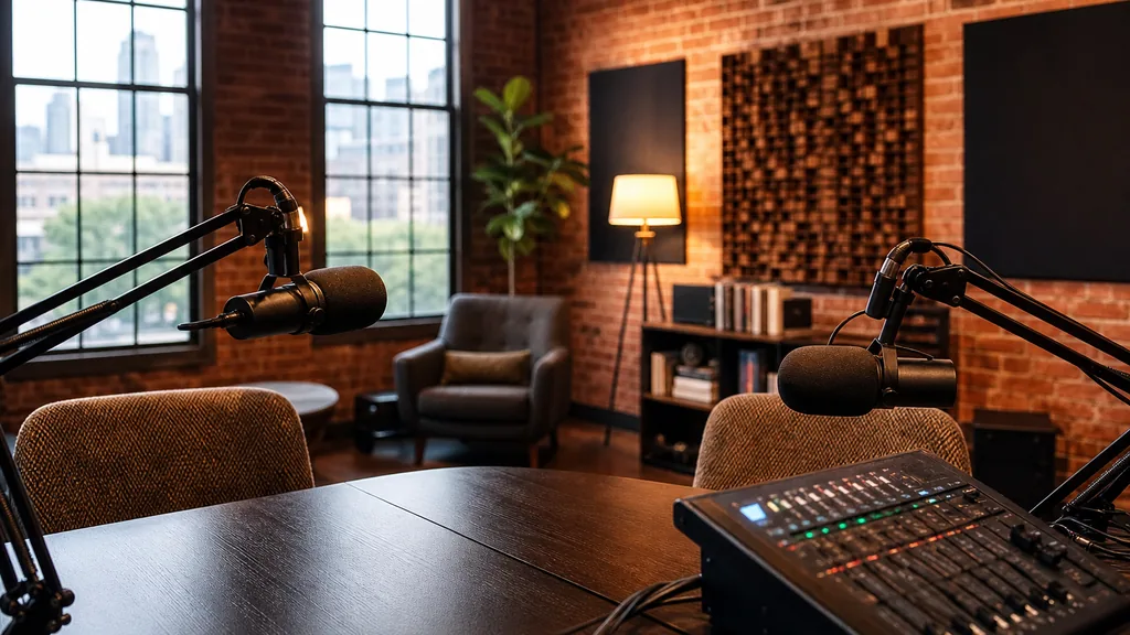 Editorial photograph of a professional podcast studio in an Atlanta brick loft with two microphones on boom arms, acoustic panels, a mixing desk and warm lamp light beside large daylit windows