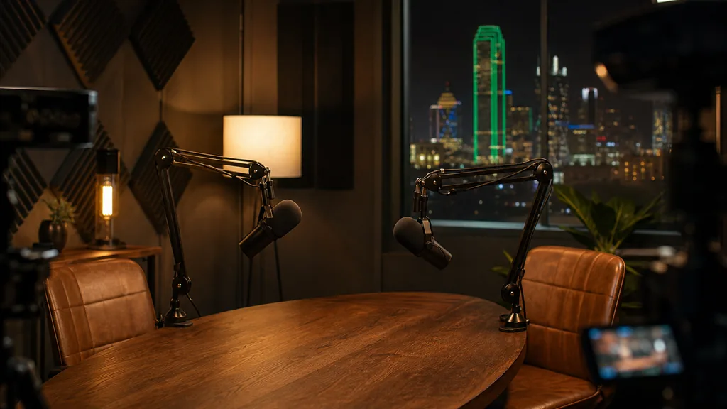 Editorial photograph of a modern Dallas podcast studio with two microphones on boom arms, acoustic panels, a multi-camera setup and warm amber lamp light against dark walls