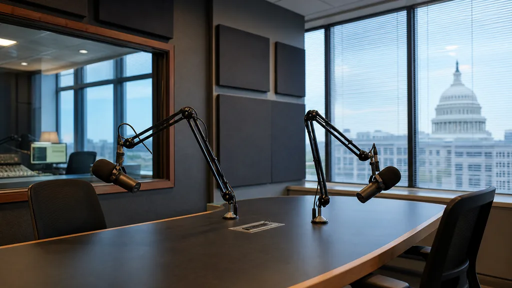 Editorial photograph of a broadcast-grade podcast studio in a Washington DC office building with two microphones on boom arms, acoustic panels and a control room window lit by cool daylight