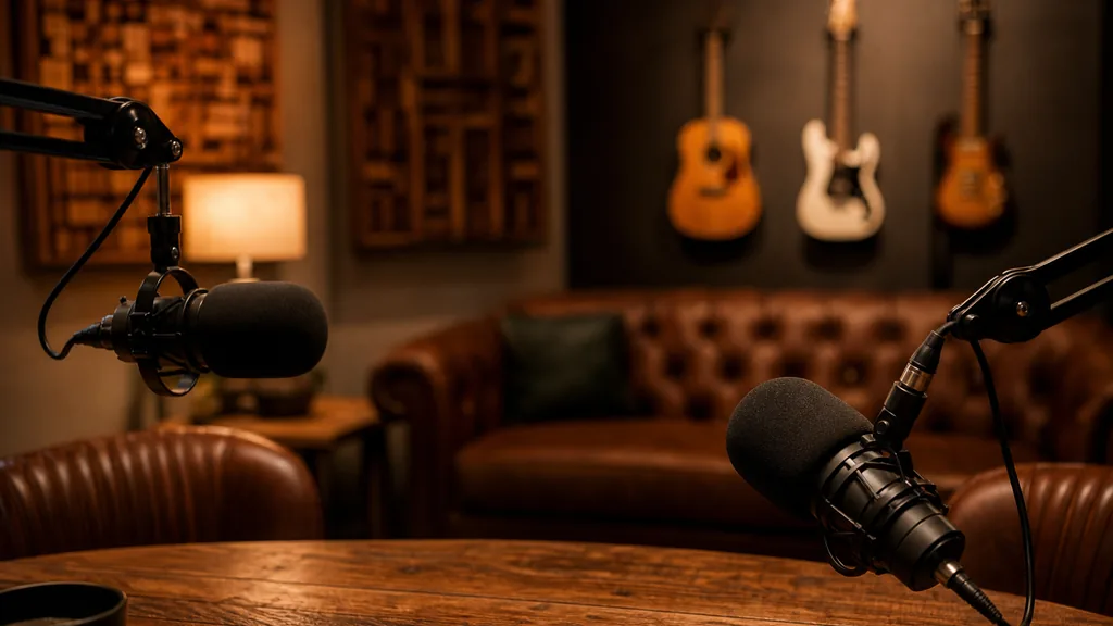 Editorial photograph of a Nashville podcast studio blending recording-studio heritage with video, two microphones on boom arms, acoustic panels and guitars out of focus on a far wall under warm amber light