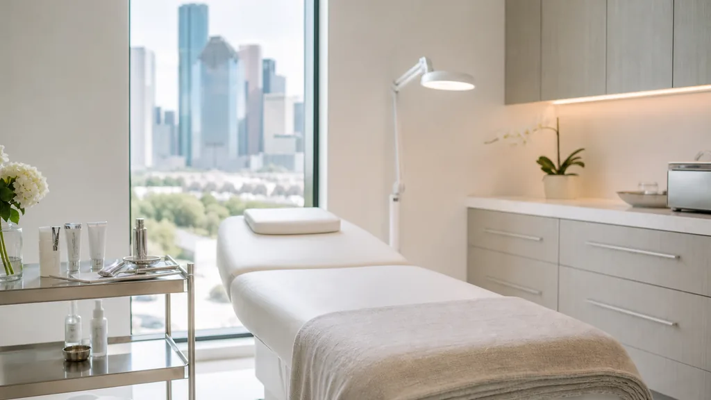 Editorial photograph of an empty modern medical spa treatment room in Houston with a white treatment bed, a stainless trolley and warm light through a tall window