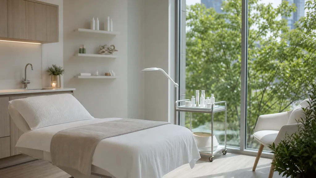 Editorial photograph of an empty modern medical spa treatment room in Atlanta with a white treatment bed, a small trolley and green tree light through a large window