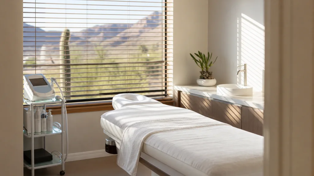 Editorial photograph of an empty modern medical spa treatment room in Phoenix with a white treatment bed, a small trolley and warm desert light through slatted blinds