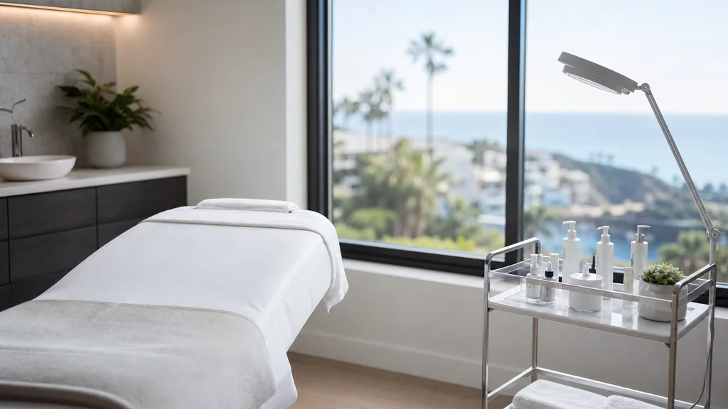 Editorial photograph of an empty bright modern medical spa treatment room in San Diego with a white treatment bed, a small trolley and coastal light through a large window