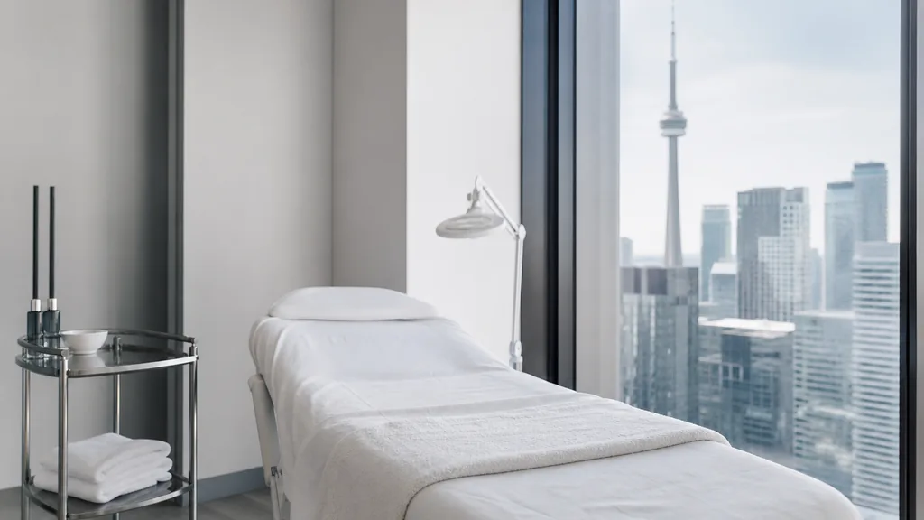 Editorial photograph of an empty modern medical spa treatment room in Toronto with a white treatment bed, a small stainless trolley and cool light through a tall city window