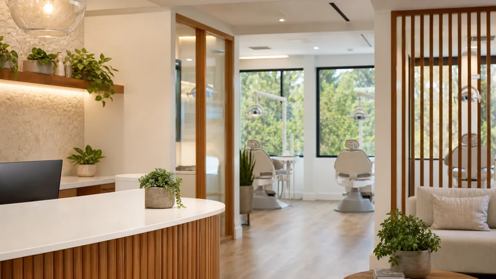Editorial photograph of a bright modern dental practice reception with warm wood, plants and clean white surfaces in soft natural light