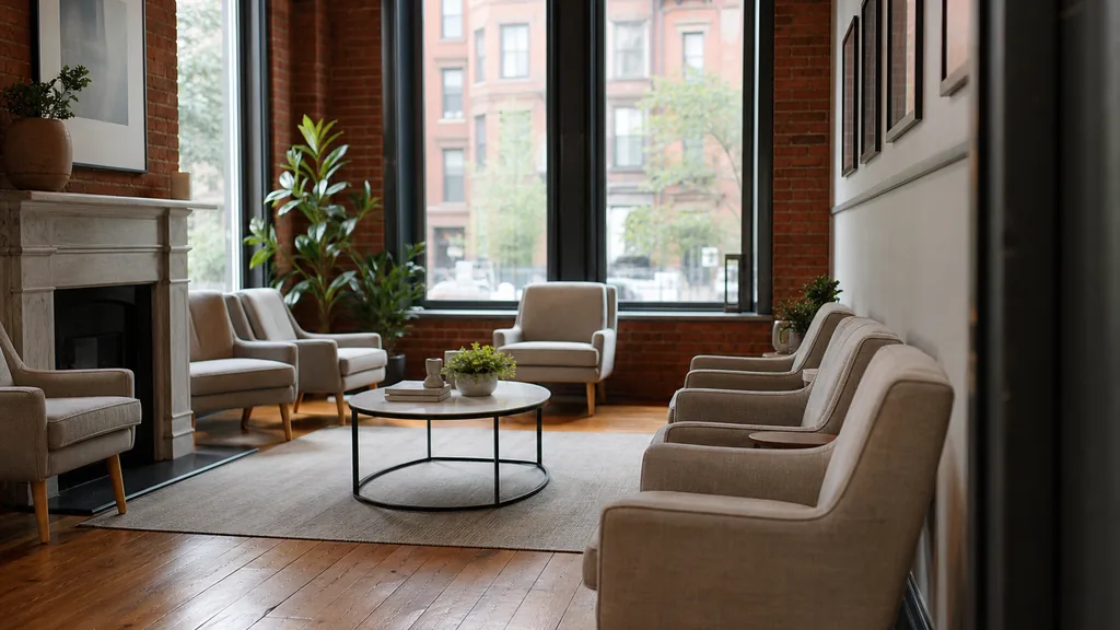 Editorial photograph of a calm dental practice waiting room inside a historic brick building with tall windows and soft daylight