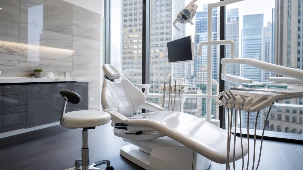 Editorial photograph of a modern dental operatory with clean equipment and glass surfaces under cool daylight from tall windows