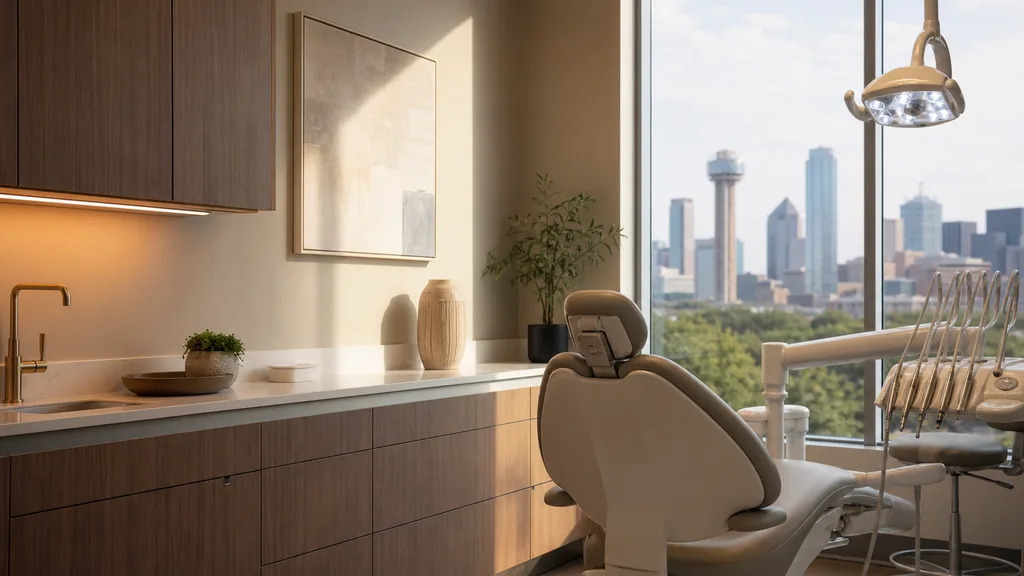 Editorial photograph of a contemporary dental clinic interior with warm neutral tones, sleek cabinetry and soft afternoon light