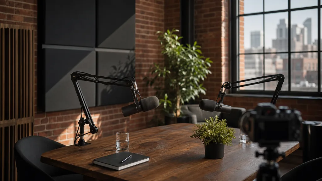 Editorial photograph of a video podcast studio in a Denver brick warehouse with two microphones on boom arms, acoustic panels, a camera on a tripod and warm afternoon light
