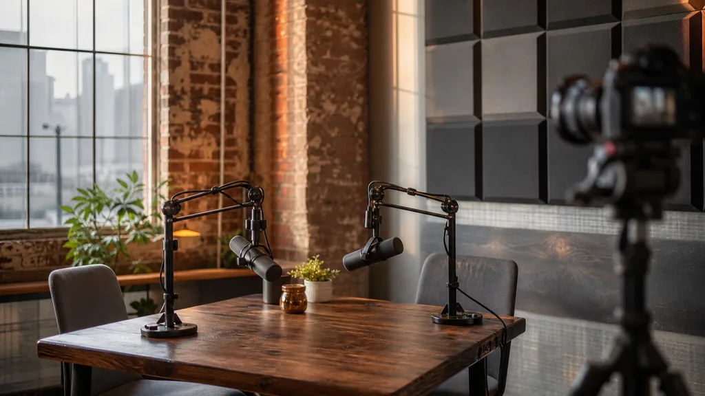 Editorial photograph of a video podcast studio in a Houston warehouse with two microphones on boom arms, acoustic panels, a camera on a tripod and warm afternoon light through tall windows