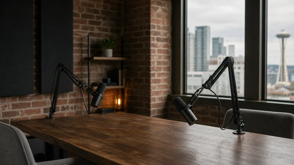 Editorial photograph of a podcast studio in a Seattle brick loft with two microphones on boom arms, acoustic panels and soft grey daylight through tall windows