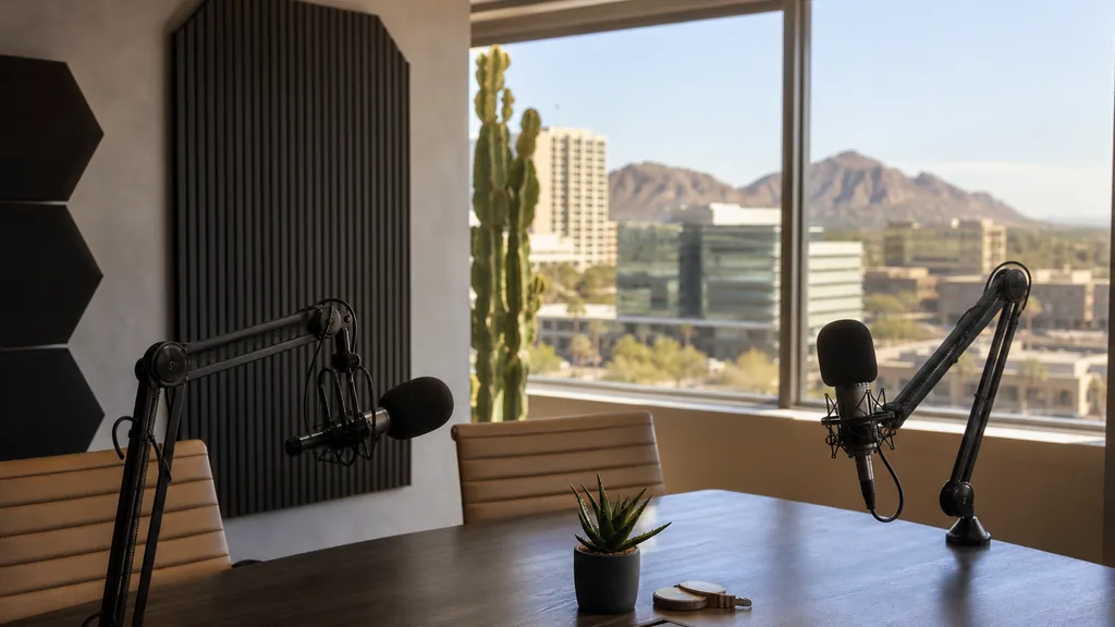 Editorial photograph of a modern podcast studio in a Phoenix building with two microphones on boom arms, acoustic panels and warm desert light through wide windows
