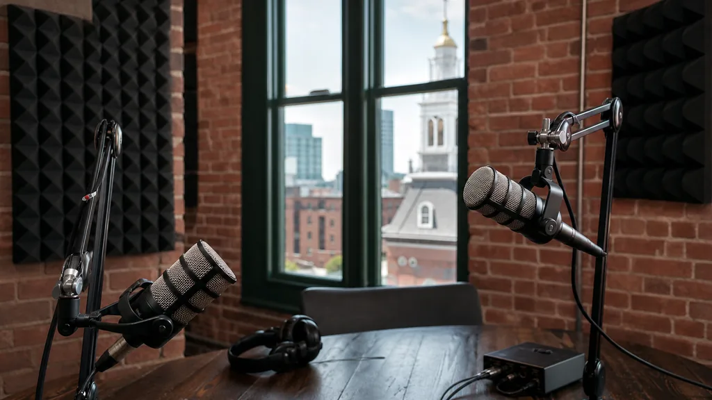 Editorial photograph of a podcast studio inside a historic Boston brick building with two microphones on boom arms, acoustic panels and soft daylight through tall windows
