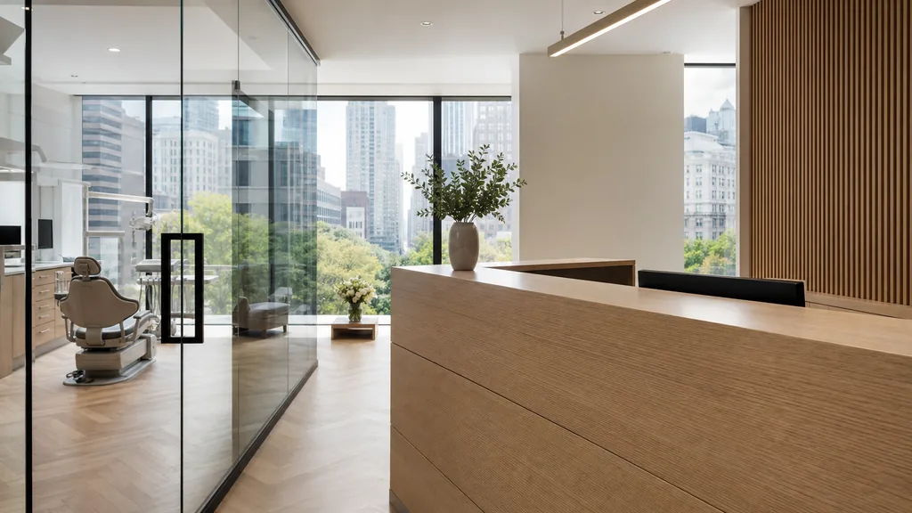 Editorial photograph of a bright modern dental clinic reception in a New York City building with a glass partition, pale oak counter and daylight through tall windows