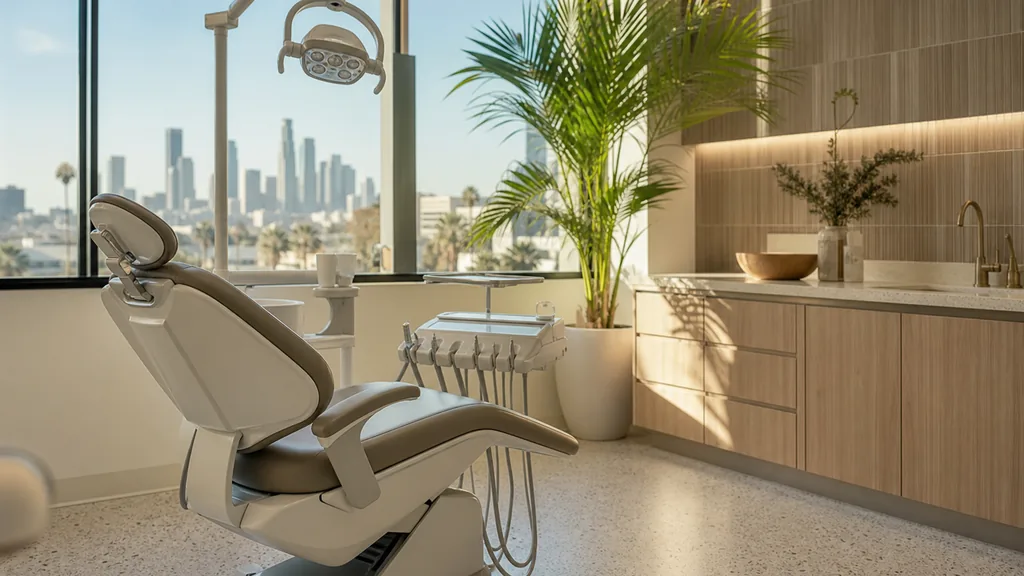 Editorial photograph of a calm modern dental treatment room in a Los Angeles clinic with pale terrazzo floor, a potted palm and warm afternoon light through wide windows