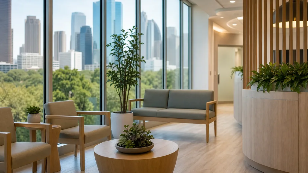 Editorial photograph of a modern dental clinic waiting area in a Houston medical building with pale wood seating, greenery and soft daylight through floor to ceiling glass