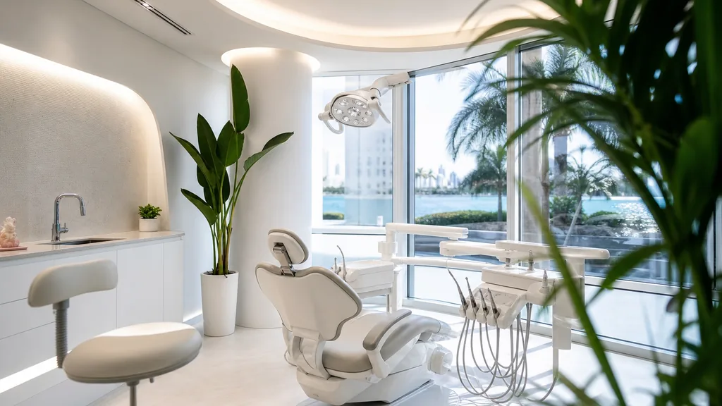 Editorial photograph of a bright contemporary dental clinic interior in Miami with white curved walls, tropical plants and strong daylight through large windows