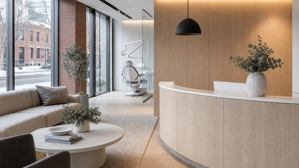 Editorial photograph of a modern dental clinic reception in a Toronto brick and glass building with pale oak millwork and cool winter daylight through tall windows
