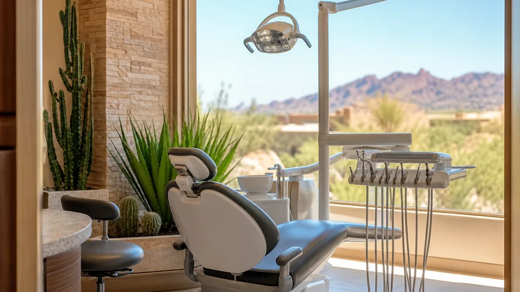 Editorial photograph of a calm modern dental treatment room in a Phoenix clinic with warm stone walls, desert plants and bright southwestern light through wide windows
