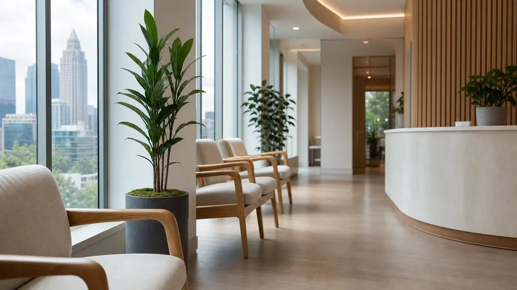 Editorial photograph of a modern dental clinic waiting area in an Atlanta office building with pale wood seating, tall green plants and soft daylight through floor to ceiling glass