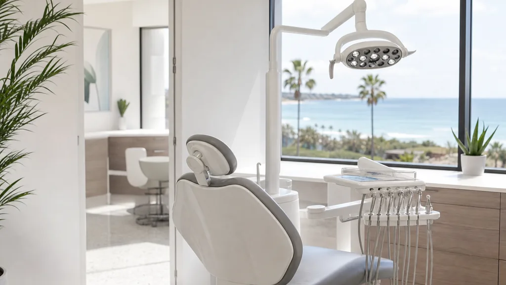 Editorial photograph of a bright contemporary dental clinic interior in San Diego with white walls, coastal light and pale terrazzo floor through large windows