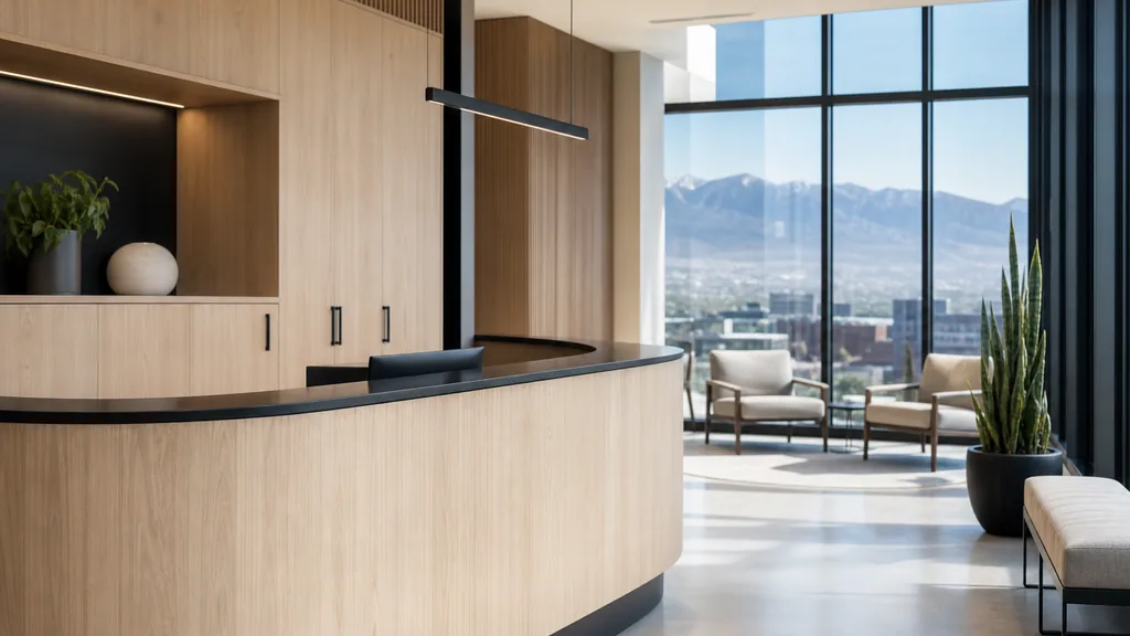 Editorial photograph of a modern dental clinic reception in a Denver building with pale oak millwork, matte black accents and crisp mountain daylight through tall windows