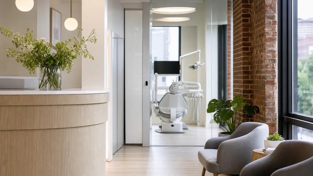 Editorial photograph of a bright modern dental clinic reception in a Philadelphia brick and glass building with pale oak counter and soft daylight through tall windows