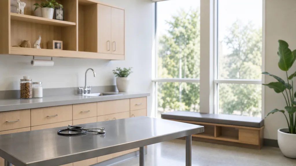 Editorial photograph of a calm modern veterinary clinic examination room with pale wood cabinetry, a stainless exam table and soft daylight through wide windows