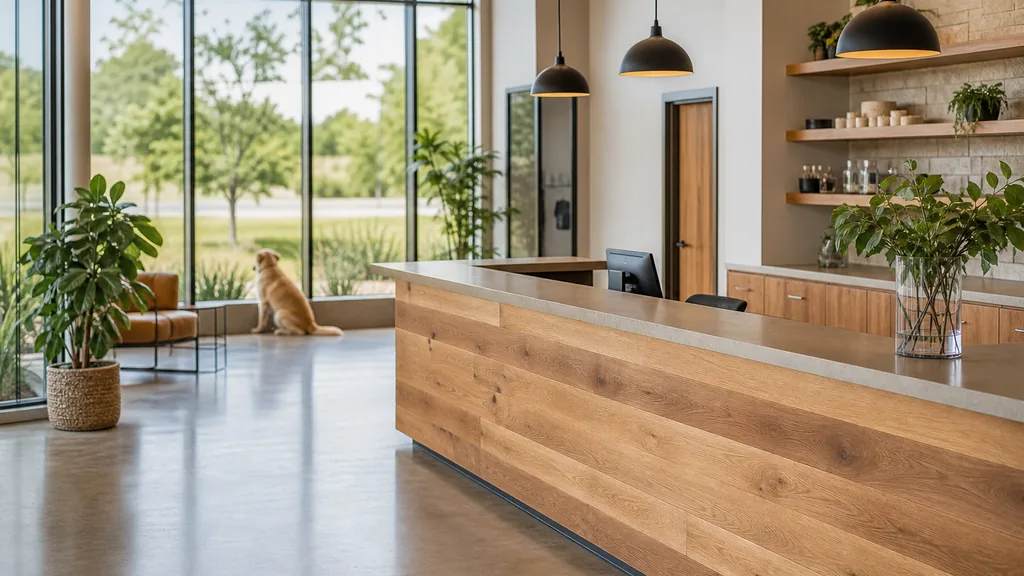 Editorial photograph of a bright contemporary animal hospital reception with warm oak counter, green plants and soft daylight through tall glass
