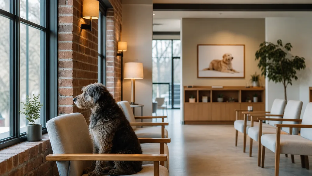 Editorial photograph of a modern veterinary hospital waiting area in a brick building with pale seating, warm lamps and soft northern daylight