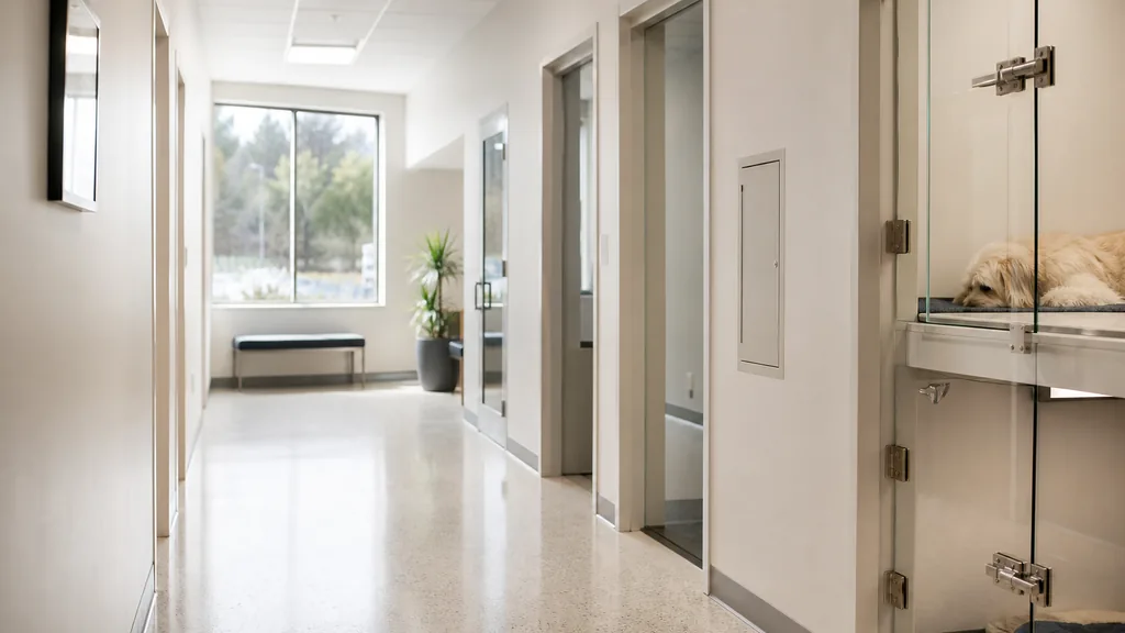 Editorial photograph of a clean modern animal hospital corridor with matte white walls, pale terrazzo floor and soft daylight from a corner window
