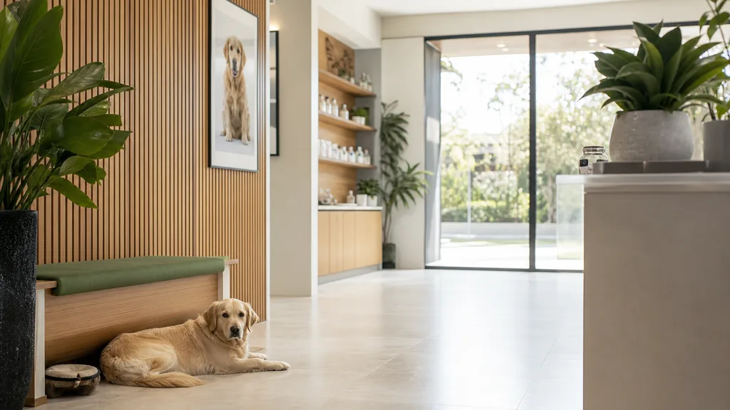 Editorial photograph of a spacious modern veterinary clinic interior with pale stone floor, warm wood slat wall and bright daylight through wide glass doors