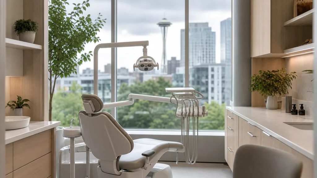 Editorial photograph of a bright modern dental clinic treatment room in Seattle with pale oak millwork, soft grey daylight through tall windows and green plants