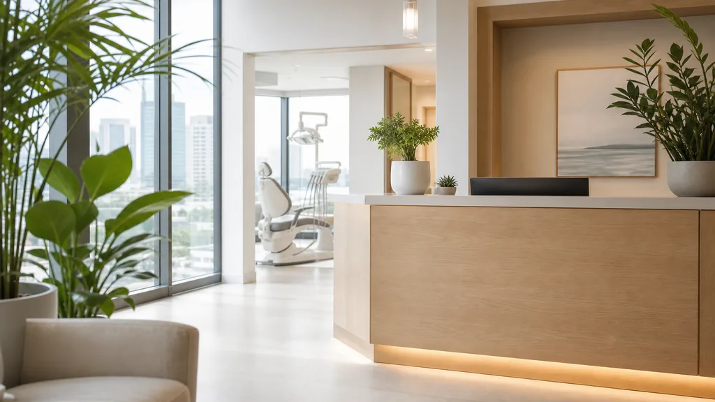 Editorial photograph of a bright modern dental clinic reception in a Charlotte office building with pale oak counter, green plants and soft daylight through tall windows