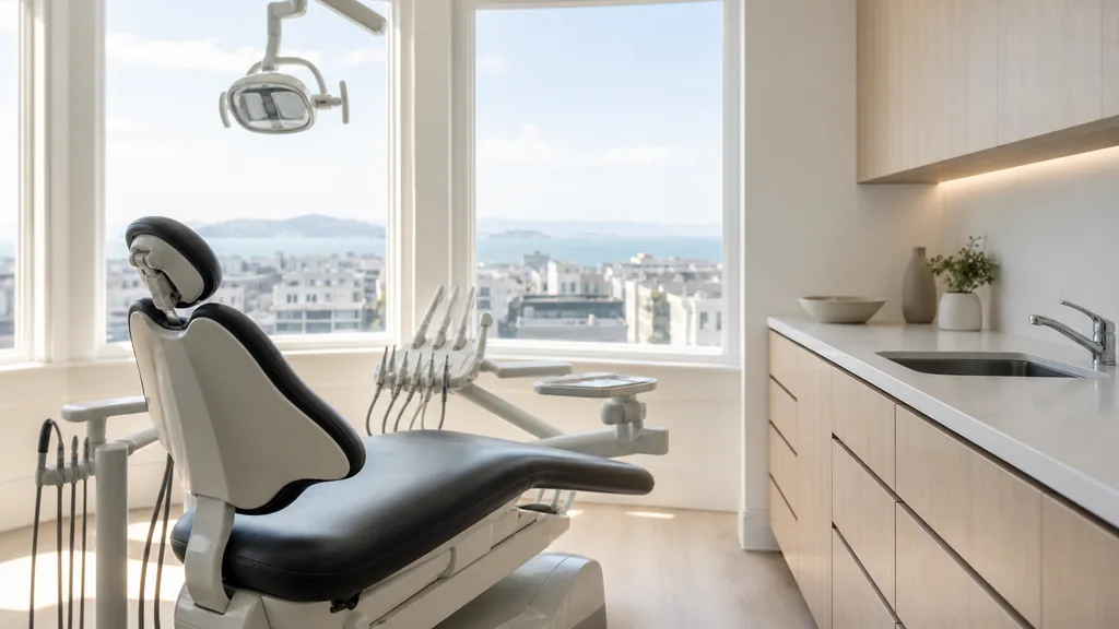 Editorial photograph of a calm contemporary dental treatment room in a San Francisco practice with white walls, pale timber cabinetry and bright bay daylight through large windows