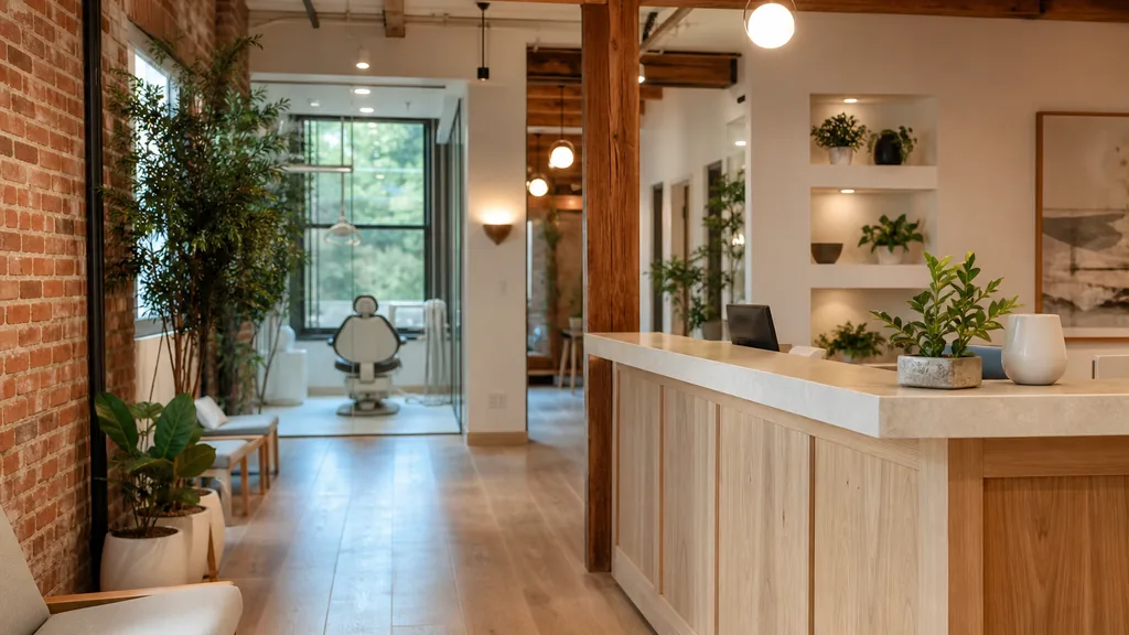 Editorial photograph of a warm modern dental clinic reception in a Nashville brick and timber building with pale oak counter, green plants and soft daylight