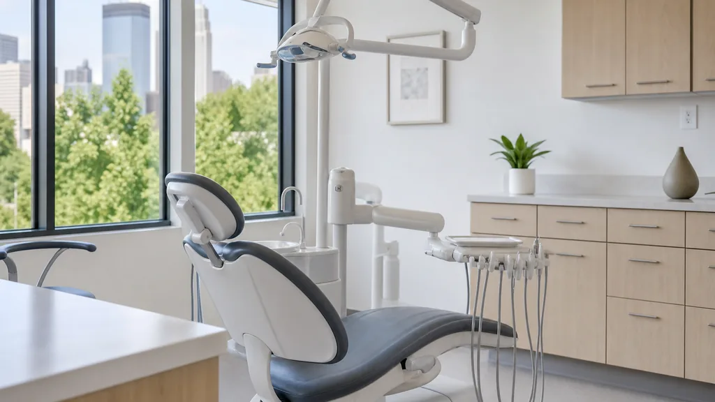 Editorial photograph of a calm contemporary dental treatment room in a Minneapolis practice with white walls, pale birch cabinetry and cool northern daylight through large windows